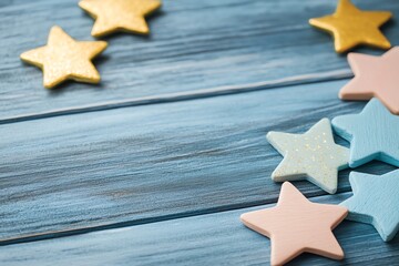 Colorful star-shaped decorations on a rustic blue wooden background.