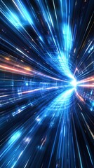 Abstract light tunnel with blue and orange streaks creating a sense of speed and motion