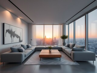 Fototapeta premium Modern minimalist living room with sleek furniture, gray sofa, wooden table, abstract art, and sunset view