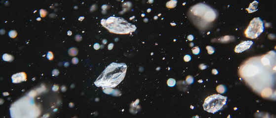 Floating confetti drifts slowly through the air against a deep black background