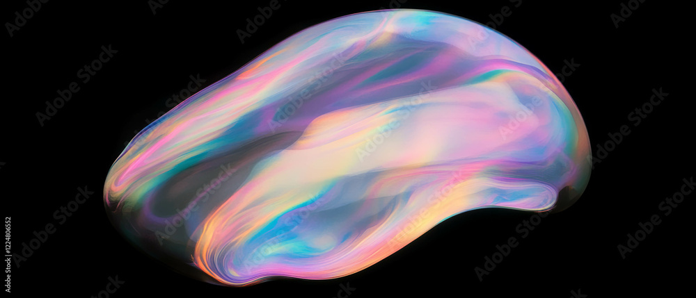 Poster Floating soap bubbles with iridescent colors and gentle movement on a black background