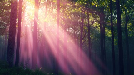 Fototapeta premium Magical Forest at Sunrise with Pink Light Rays Streaming Through Trees