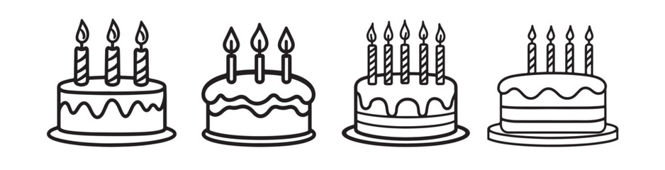 Set of birthday cake line icon. Birthday cake silhouette. Birthday cake with candles vector icon

