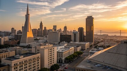 Naklejka premium Minimalist Panoramic Cityscape Sunset: Golden Hour Urban Skyline