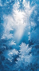 Frosty Window Light Abstract Pattern with Blue Tones and Ice Crystals Forming a Frame