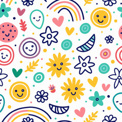 Happy colorful seamless pattern with flowers, rainbows, and smiling faces.
