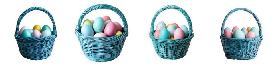 Naklejka premium Assortment of colorful Easter eggs in wicker baskets placed on a rustic wooden backdrop The pastel colored eggs symbolize the rebirth and renewal associated with the Christian holiday of Easter