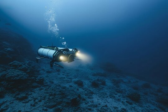 A submersible vehicle exploring the underwater world, An underwater robot exploring the ocean depths, water scooter underwater
