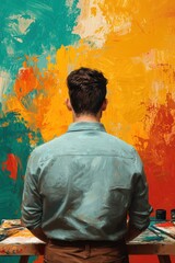 Obraz premium Male Artist Contemplating Abstract Painting in Vibrant Hues