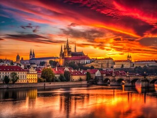 Fototapeta premium Minimalist Prague Sunset: Red Sky, Castle, Charles Bridge Panorama