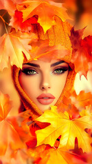 Fototapeta premium Autumn Beauty Poses Amidst Vibrant Fall Leaves, Wearing an Orange Knitted Headscarf for Warmth and Style.