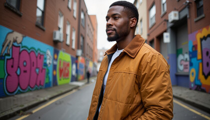 Fototapeta premium Confident African-American man in quilted jacket by colorful mural, urban expression