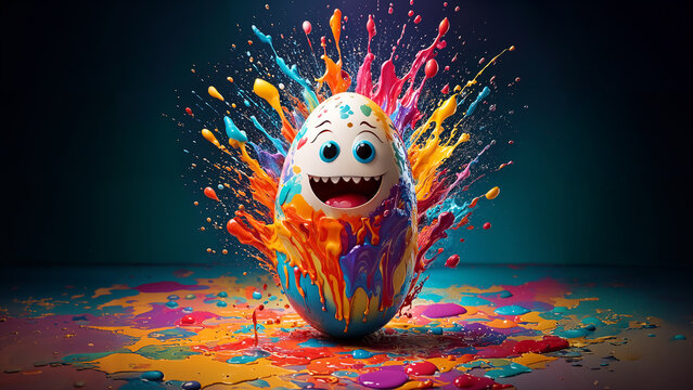 Explosive paint monster easter egg smiling, Happy Easter egg colourful explosion.