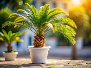 Obraz premium Miniature Canary Island date palm in a white pot, showcasing tilt-shift photography's charming miniature world.