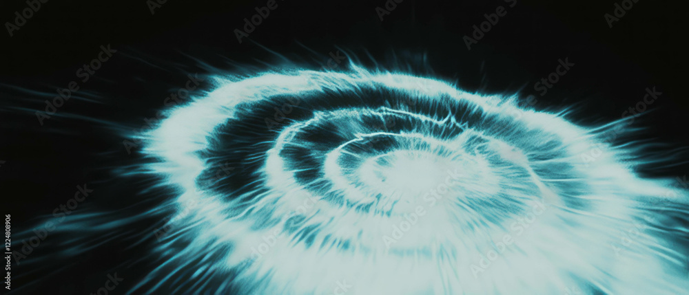 Poster fractal texture with swirling spirals and energetic movement on a black background