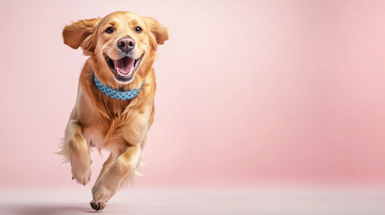 A golden retriever is running towards the camera happily, wearing a blue patterned collar.