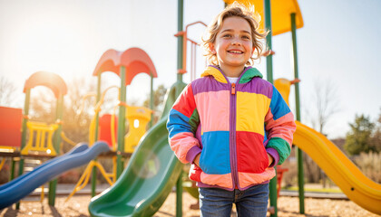 Fototapeta premium Joyful child playing at vibrant playground with sunlight, childhood happiness