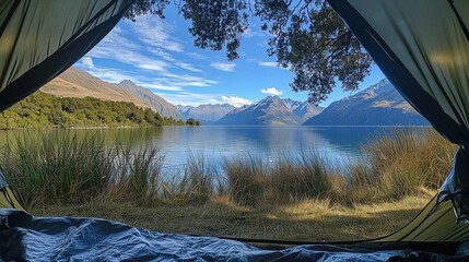 View from Tent Overlooking Lake and Mountains