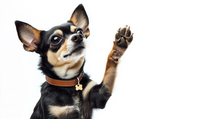 Chihuahua sitting upright with one front leg raised, wearing a brown leather collar.
