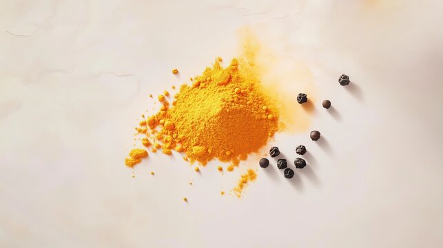 Orange turmeric powder in a pile with black pepper scattered around on a white kitchen tabletop. Anti-inflammatory seasoning photo