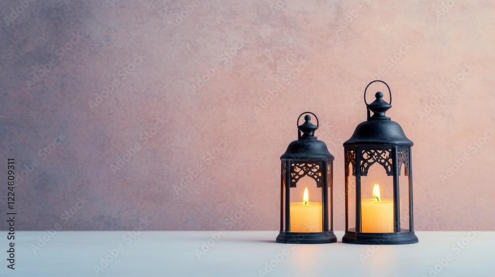 Wall mural Ornate Metal Lanterns with Glowing Candles on Neutral Background