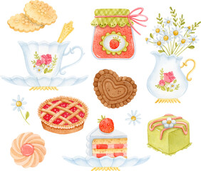Watercolor tea party elements set. Teacup on a saucer with a spoon, strawberry jam, cookies, desserts, chamomile bouquet in a creamer
