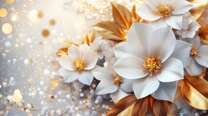 Beautiful 3D Golden Floral Rendering with Delicate White Flowers, Luxurious Texture and Glittering Elements for Elegant Designs
