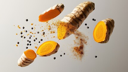 A composition of a turmeric (Curcuma longa Linn) sliced root and powder falling on white background. Anti inflammatory food concept.