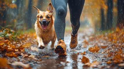 A runner and their dog jog through a stunning autumn mountain trail. The scene is full of energy, movement, and adventure, capturing the bond between human and pet