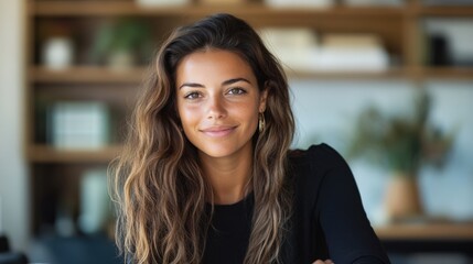 Fototapeta premium Smiling Young Woman with Long Hair in Casual Black Top Seated in Modern Workspace Against Wooden Shelves Filled with Greenery and Books