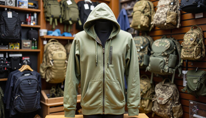 Lightweight hoodie display in military surplus store, outdoor adventure