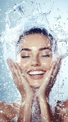 Woman enjoys refreshing water splash on her face with closed eyes, smiling joyfully.
