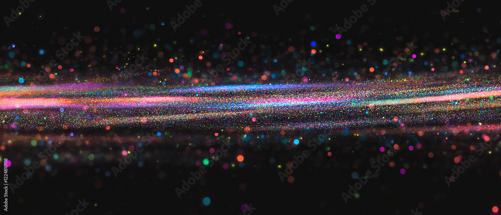 Poster vibrant glitter particles create a colorful overlay on a dark background