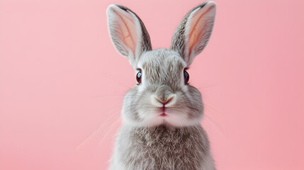 Fototapeta premium Adorable Grey Bunny on Pink Background Perfect for Easter
