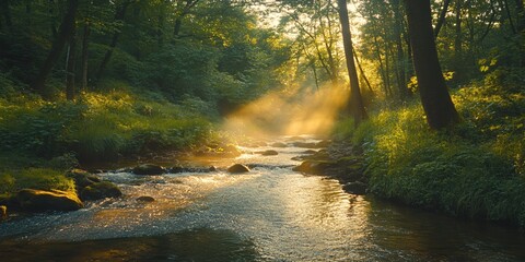 Obraz premium Sun rays piercing through woodland canopy over a stream with rocks and lush green vegetation