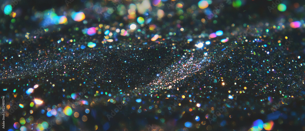 Poster Glittering particles create a textured overlay on a deep black background