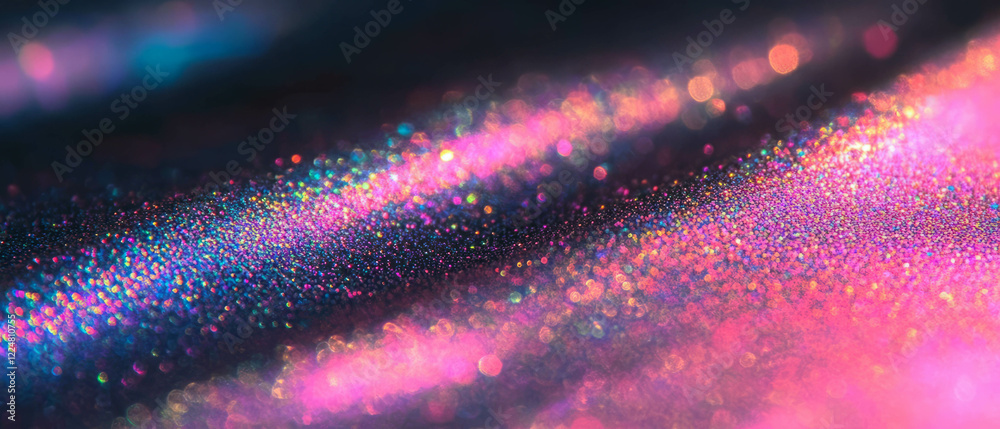 Poster glittering particles create a mesmerizing textured surface against a black background