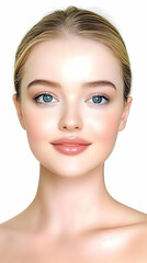 Fototapeta premium Portrait of a Young Woman with Smooth Skin and Blue Eyes Gracefully Posing on a White Backdrop