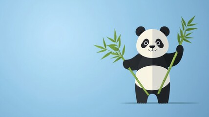 Naklejka premium Cute Panda Bear Illustration Holding Bamboo Sticks on Blue Background