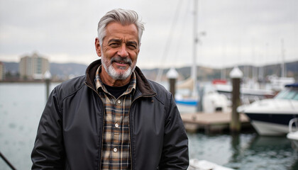 Smiling elderly man in leather jacket at fishing dock, joyful moment