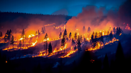 Naklejka premium Fiery Sunset Inferno: Wildfire Engulfs Forest at Dusk