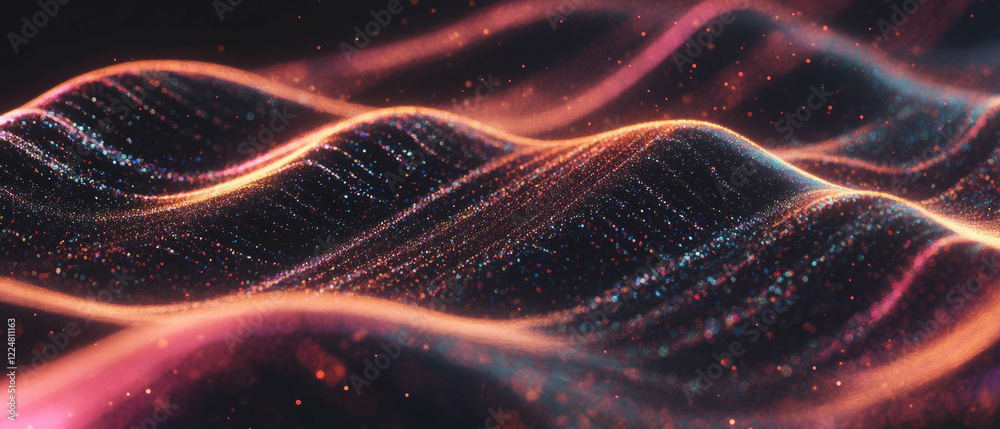 Poster glistening particles form structured patterns against a black background at night
