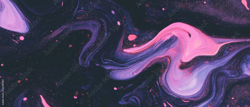 Poster creative abstract composition with glitter particles on dark backdrop
