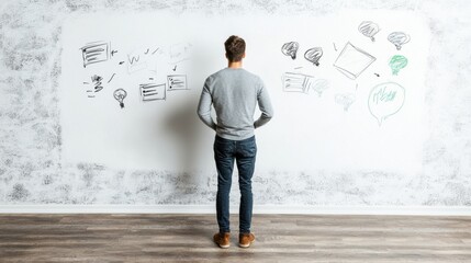 Young Entrepreneur Brainstorming Ideas Against White Wall with Sketch Illustrations