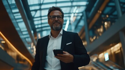 Fototapeta premium Professional Man in Business Attire Using Smartphone While Walking Through Modern Urban Hallway with Contemporary Architecture and Ambient Lighting
