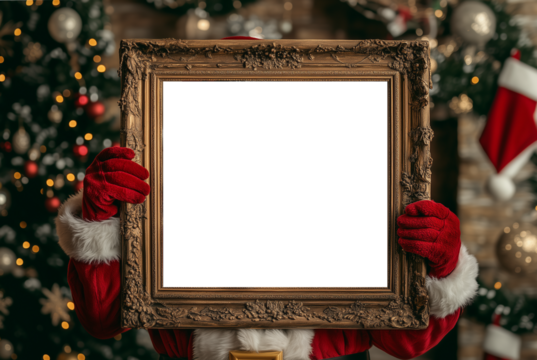 Santa Claus holding white frame in his hands . Christmas, holiday, festive themes, background with copy space. blank framed board ready for your message or artwork