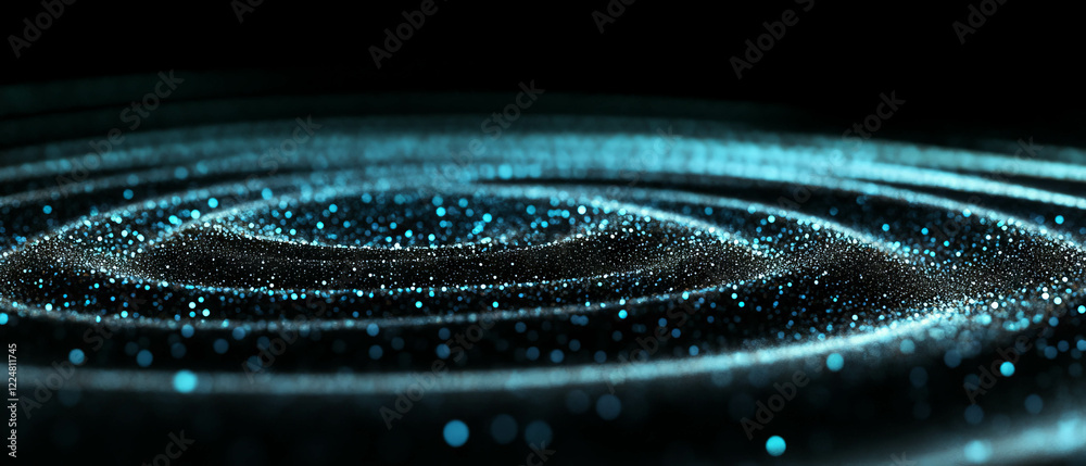 Poster Glittering particles create dynamic swirling effects against a black background