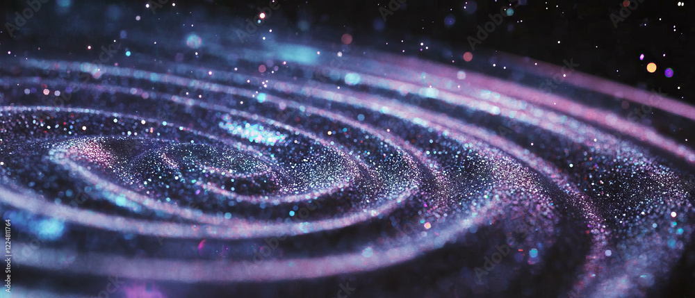Poster dynamic glitter particles rotating in circular motion against a black background