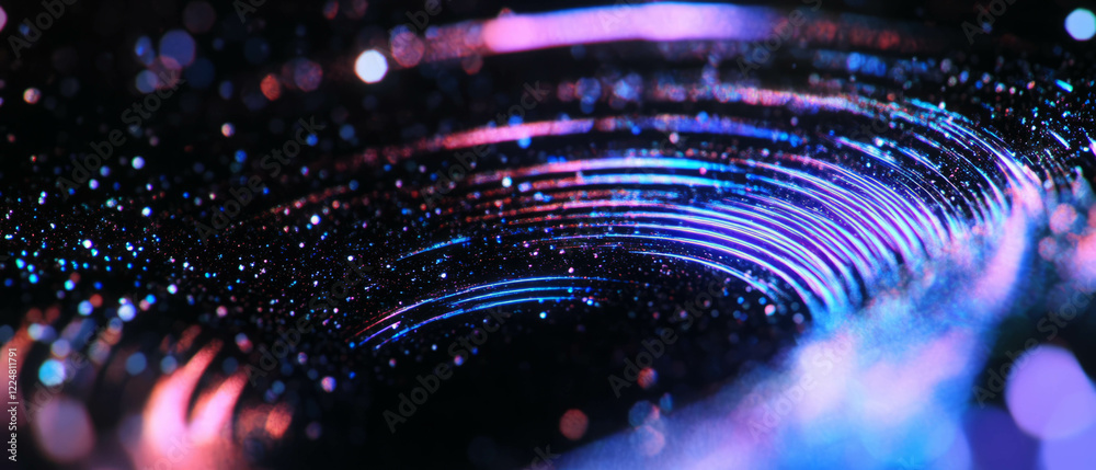 Poster dynamic glitter particles create captivating circular motion against a black background