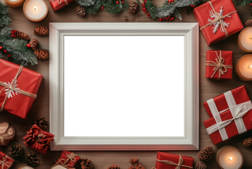 Santa Claus holding white frame in his hands . Christmas, holiday, festive themes, background with copy space. blank framed board ready for your message or artwork